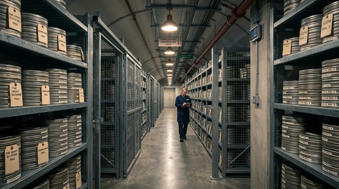Historical film preservation archive vault with canisters